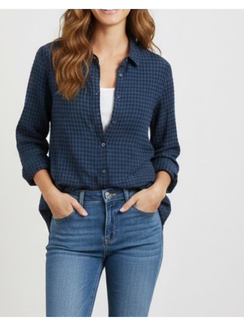 J. Crew Classic fit Gingham Navy/Black Button up Cotton shirt/ blouse Sz 4/ S